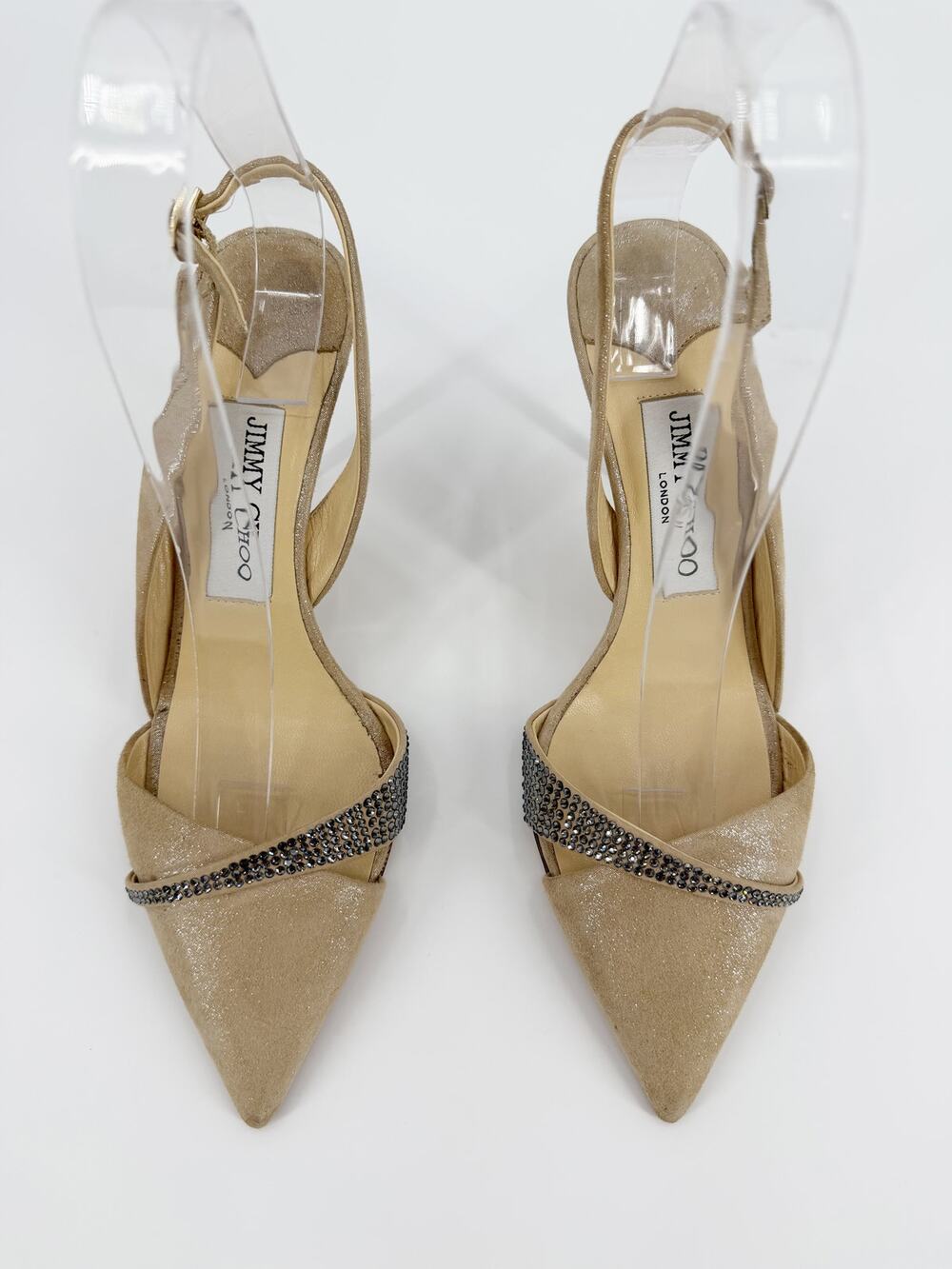 Jimmy Choo Desai Shimmer Beige Crystal Pointed Toe Slingback Pump Heels 37